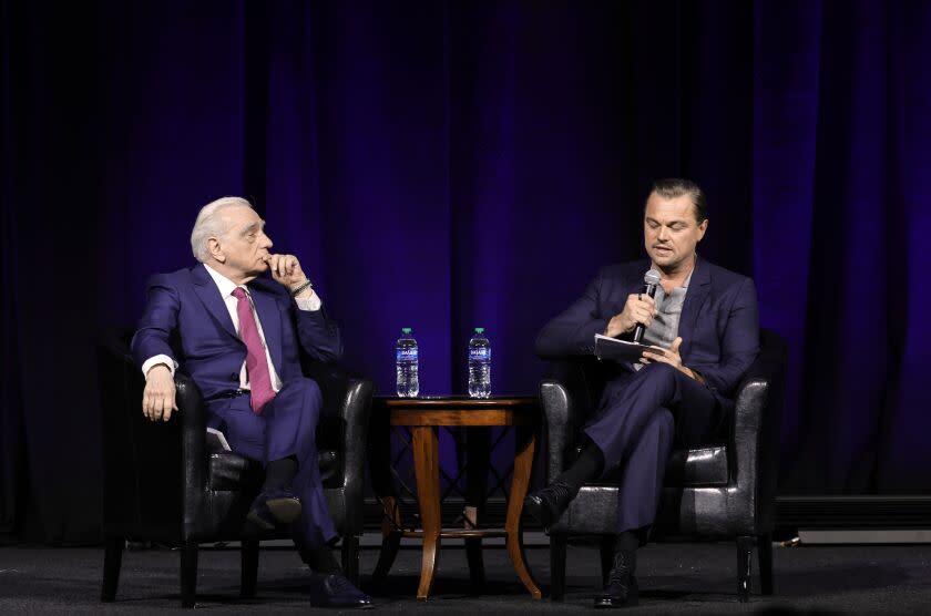 LAS VEGAS, NEVADA - APRIL 27: (L-R) Martin Scorsese and Leonardo DiCaprio speak during "A Conversation with Martin Scorsese" and Legend of Cinema Award Presentation during CinemaCon, the official convention of the National Association of Theatre Owners, at Caesars Palace on April 27, 2023 in Las Vegas, Nevada. (Photo by Kevin Winter/Getty Images for CinemaCon)