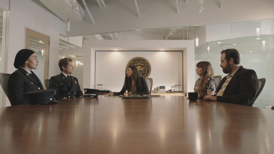 Jamison Webb (far right) appeared the episode "Human Resources" in the TV drama "9-1-1: Lone Star" (season 4, episode 5). He shares scene with show stars Natacha Karam and Rob Lowe and guest stars Amanda Payton and Ashley Rae Spiller.