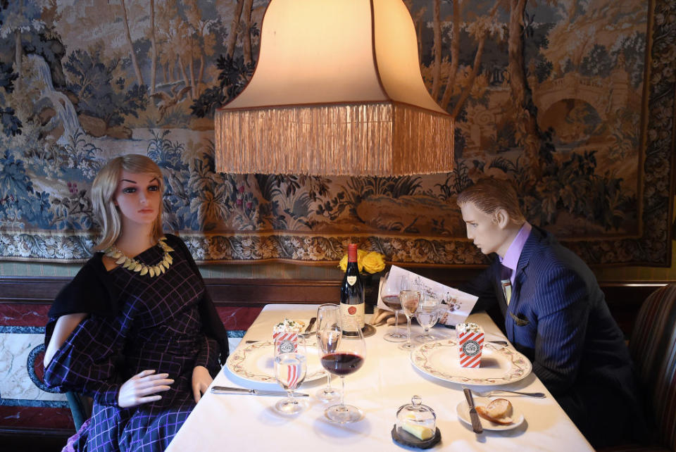 Mannequins act customers in the dining room at The Inn at Little Washington in Washington, Virginia on May 20, 2020.