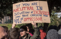 <p>Demonstrators gather to protest against US President Donald Trump in front of the US Embassy on January 21, 2017 in Lisbon, Portugal. Simultaneous protests have been staged, mainly by women, in many different countries against Trump’s behavior to women. (Horacio Villalobos – Corbis/Corbis via Getty Images) </p>