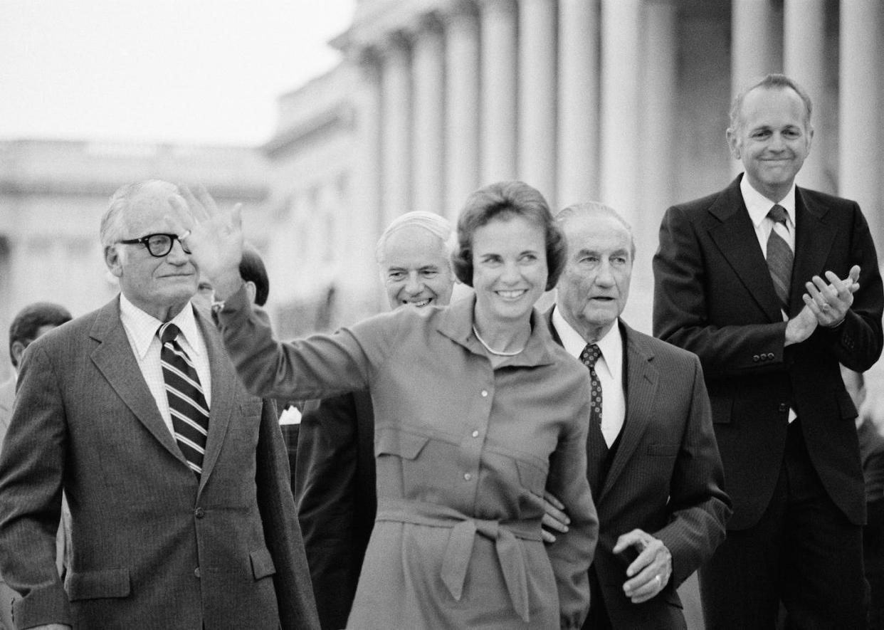 Sandra Day O’Connor, shortly after her Supreme Court nomination was confirmed by the Senate on Sept. 1, 1981. <a href="https://newsroom.ap.org/detail/USSENATECONFIRMSOCONNOR/9e83ced460e5da11af9f0014c2589dfb/photo?Query=Sandra%20Day%20O%27Connor&mediaType=photo&sortBy=arrivaldatetime:asc&dateRange=Anytime&totalCount=481&currentItemNo=20" rel="nofollow noopener" target="_blank" data-ylk="slk:AP Photo/Scott Applewhite;elm:context_link;itc:0;sec:content-canvas" class="link ">AP Photo/Scott Applewhite</a>