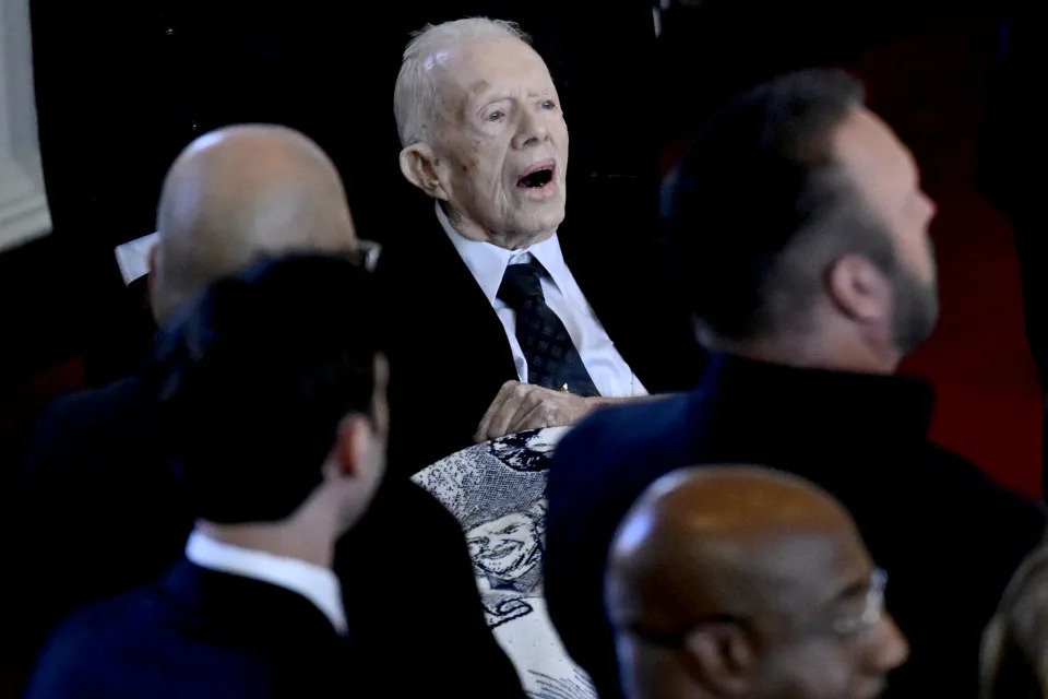 Former President Jimmy Carter arrives at a tribute service for former first lady Rosalynn Carter at Glenn Memorial Church in Atlanta on Tuesday. (Andrew Caballero-Reynolds/AFP via Getty Images)