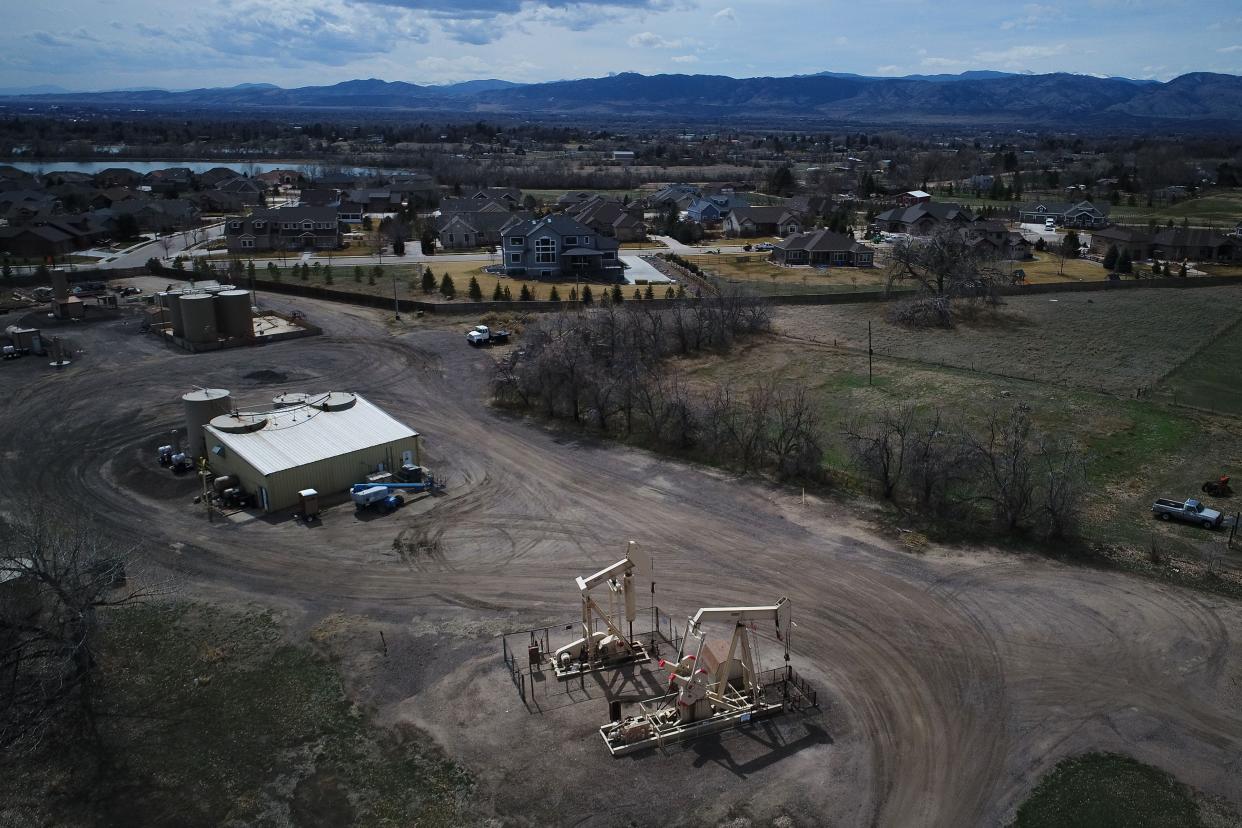 A pump jack is seen east of the Hearthfire neighborhood in Fort Collins in 2019.