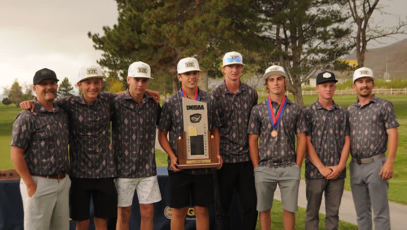 The Valley High School boys golf team celebrates its 1A championship Wednesday, May 17, 2023, at the Cove View Golf Course in Richfield, Utah.