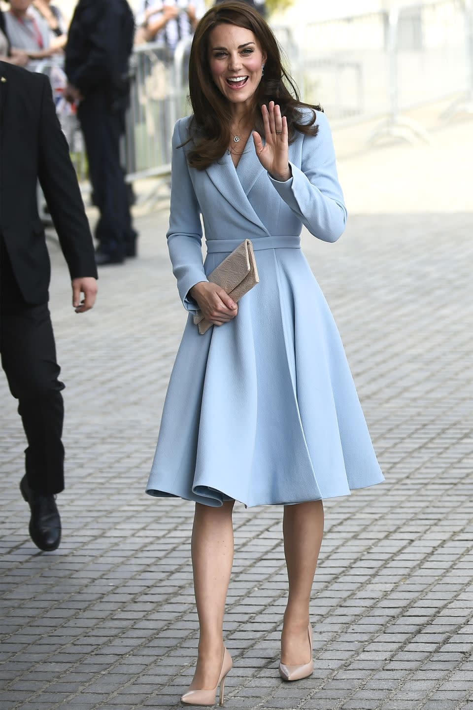 <p>In a powder blue Emilia Wickstead coat dress, nude pumps and a nude clutch during a royal visit to Luxembourg.</p>