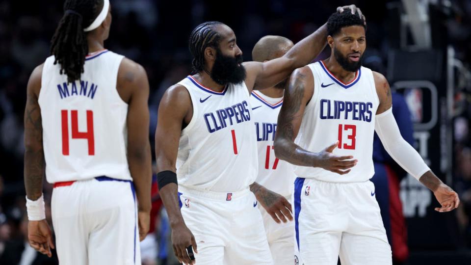 <div>Paul George and James Harden. (Photo by Harry How/Getty Images)</div> <strong>(Getty Images)</strong>