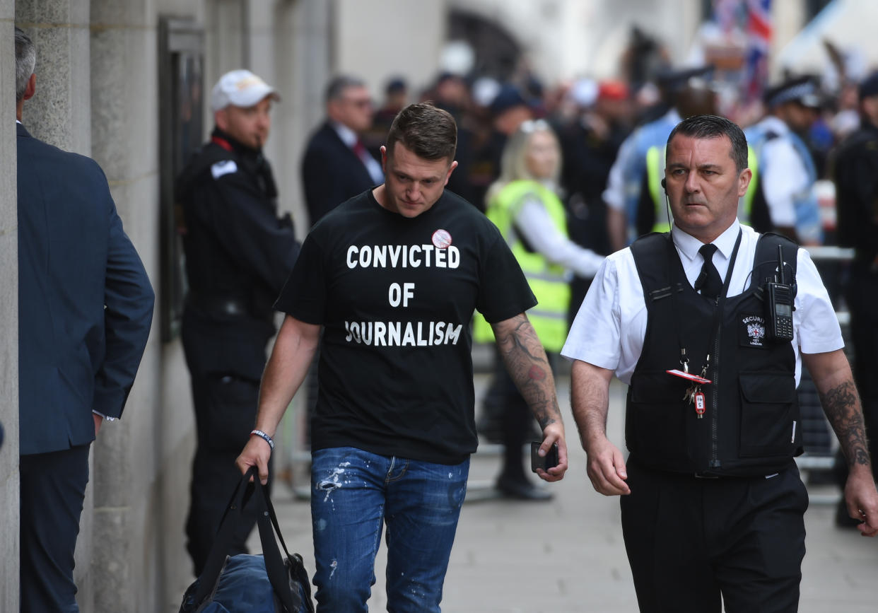 Tommy Robinson arrives for his sentencing at the Old Bailey in London.