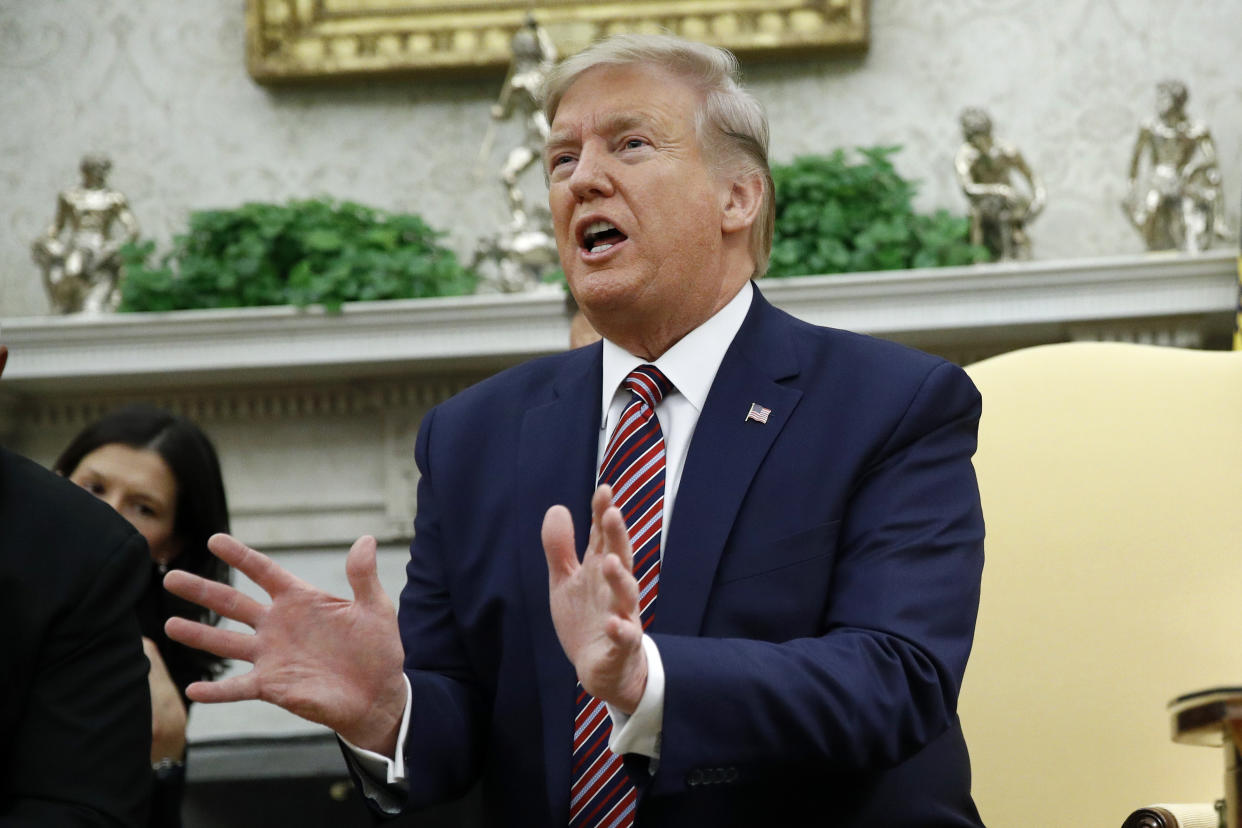 President Donald Trump speaks with members of the press as he meets with Bulgarian Prime Minister Boyko Borissov in the Oval Office of the White House, Monday, Nov. 25, 2019, in Washington. (Photo: Patrick Semansky/AP)                                                                                                                                                                                                                                                                                                            