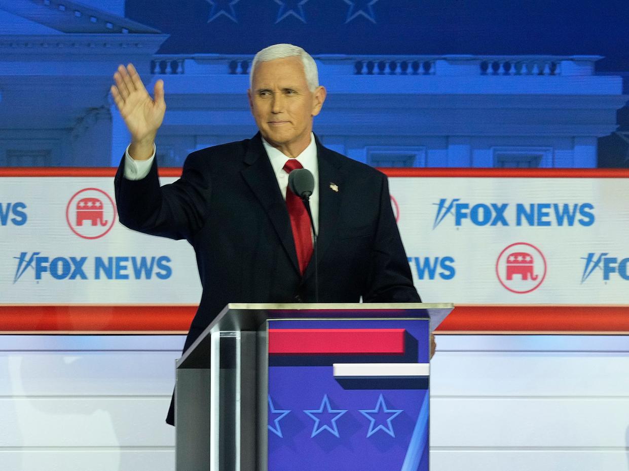 Republican presidential candidate former Vice President Mike Pence is introduced at Fiserv Forum during the first 2023 Republican presidential debate in Milwaukee on Wednesday, Aug. 23, 2023.