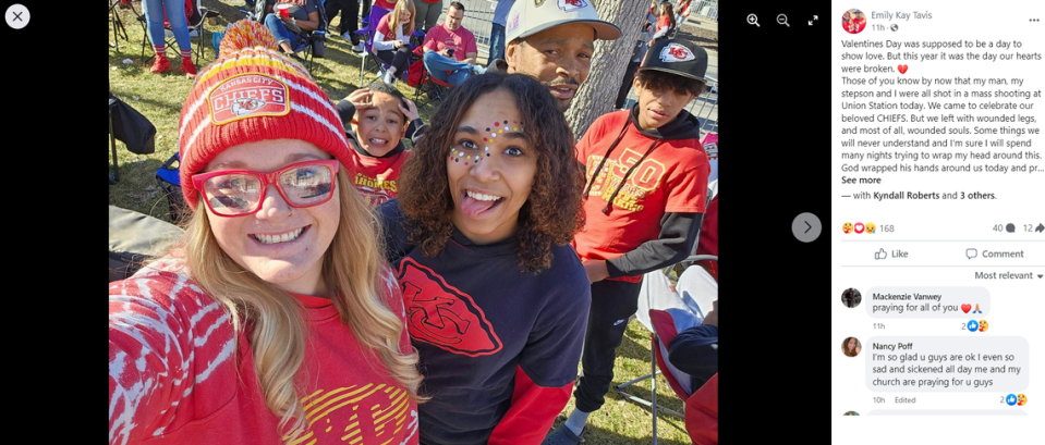 Emily Tavis, left, her husband Jacob Gooch Sr. and stepson, 15-year-old Jacob Gooch Jr., right, were among the victims shot at the rally.