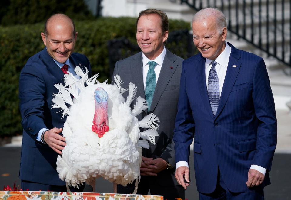President Joe Biden pardons the National Thanksgiving turkey Liberty during a ceremony at the White House on Nov. 20, 2023 in Washington, DC with Jose Rojas, left, Vice-President of Jennie-O Turkey Store, and Steve Lykken, middle, Chairman of the National Turkey Federation.