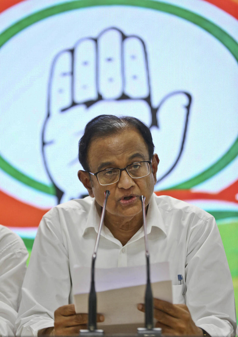 FILE - In this Wednesday, Aug. 21, 2019, file photo, Congress party leader and former Indian finance minister P. Chidambaram addresses the media at the party headquarters in New Delhi, India. The current state of India’s main opposition Congress party is so dire, a senior party leader says it is losing so many members and support it may not be able to win upcoming state elections or ensure its own future. Top party leader Chidambaram has been arrested for alleged economic offenses by the Modi government, adding woes to the party. (AP Photo)