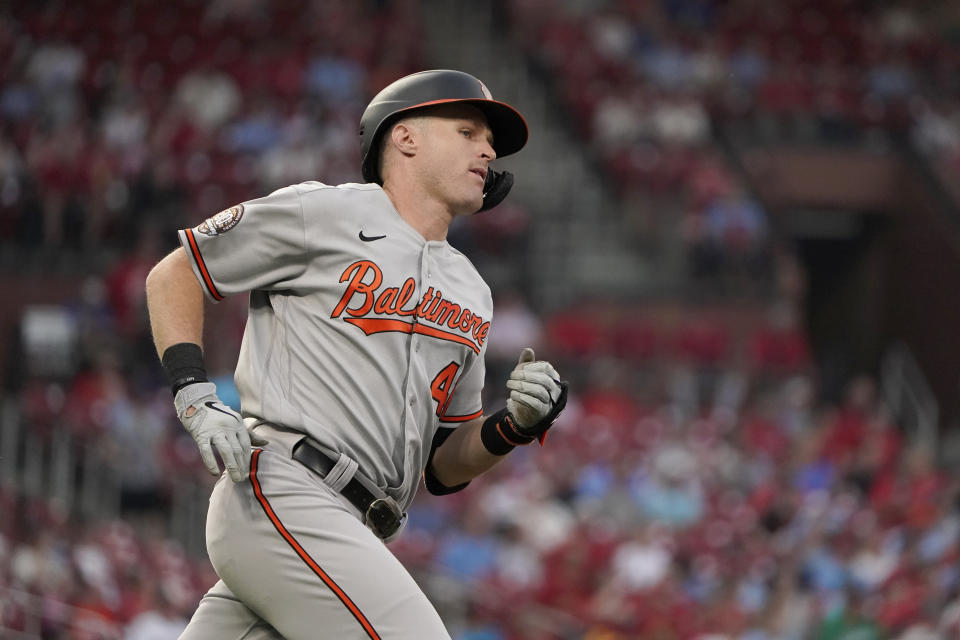 Baltimore Orioles' Tyler Nevin rounds the bases after hitting a solo home run during the fourth inning of a baseball game against the St. Louis Cardinals Tuesday, May 10, 2022, in St. Louis. (AP Photo/Jeff Roberson)