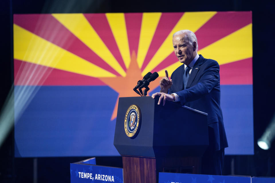 President Joe Biden delivers remarks on democracy and honoring the legacy of the late Sen. John McCain at the Tempe Center for the Arts, Thursday, Sept. 28, 2023, in Tempe, Ariz. (AP Photo/Evan Vucci)