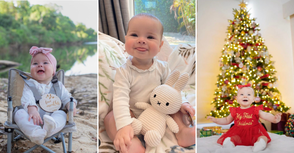 Grace Warrior Irwin Powell at five months old; posing with a toy bunny and in front of a Christmas tree for her first Christmas