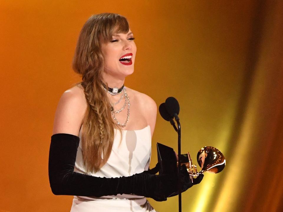 US singer-songwriter Taylor Swift accepts the Best Pop Vocal Album award for "Midnights" on stage during the 66th Annual Grammy Awards at the Crypto.com Arena in Los Angeles on February 4, 2024.