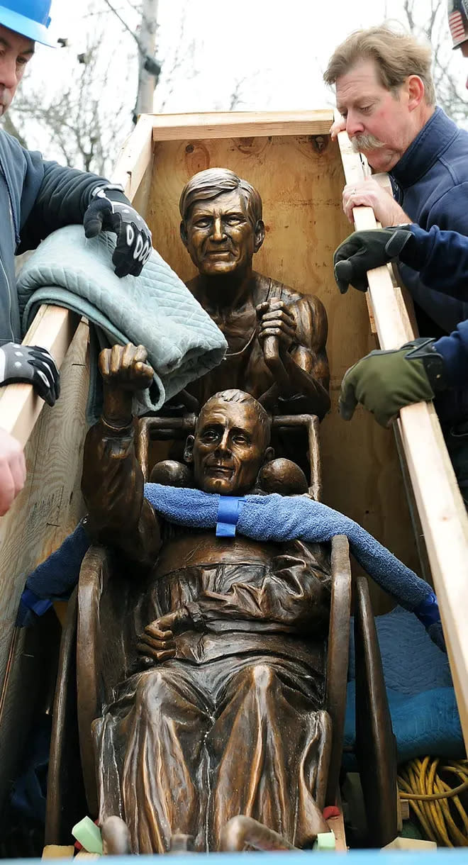 This statue of Boston Marathon legends Dick and Rick Hoyt was unveiled in Hopkinton in 2013.