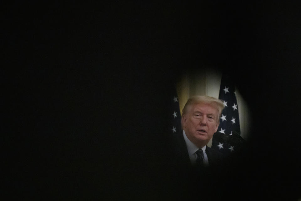 President Donald Trump speaks about protecting seniors, and the coronavirus, in the East Room of the White House, Thursday, April 30, 2020, in Washington. (AP Photo/Alex Brandon)