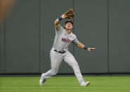 Houston Astros center fielder Jake Meyers catches a fly ball hit by Kansas City Royals' Hanser Alberto during the second inning of a baseball game Tuesday, Aug. 17, 2021, in Kansas City, Mo. (AP Photo/Reed Hoffmann)