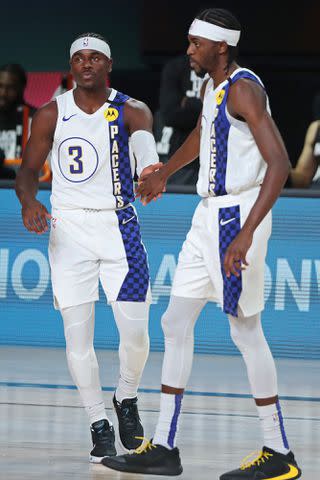 Joe Murphy/NBAE/Getty Aaron Holiday #3 of the Indiana Pacers and Justin Holiday #8 of the Indiana Pacers during a game.