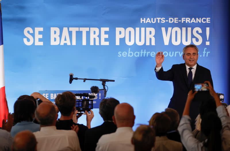 Conservative leader Xavier Bertrand reacts to the results of regional election, in Saint-Quentin