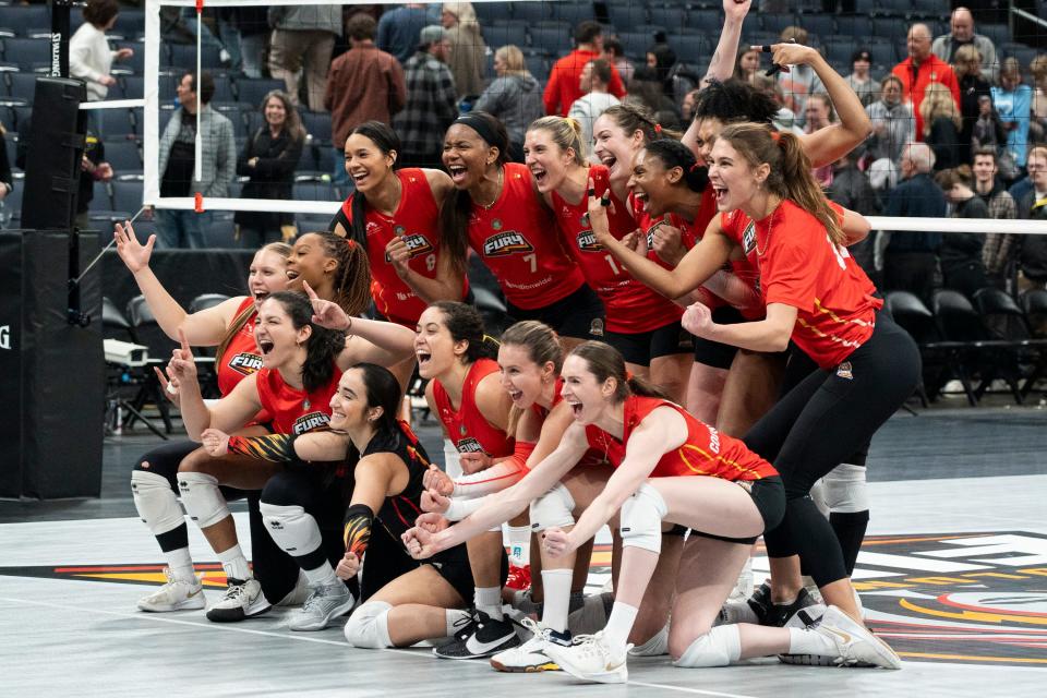 The Fury celebrate their win over Omaha on Feb. 21.