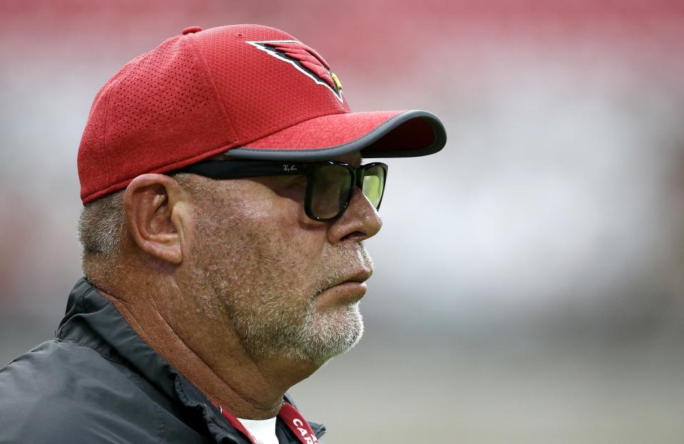 Not amused: Cardinals coach Bruce Arians took aim at his team’s receivers on Monday. (AP)