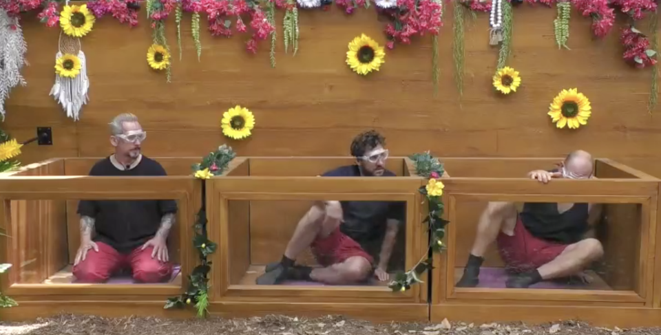 Boy George, Seann Walsh and Mike Tindall in I'm A Celebrity trial Grot Yoga. (ITV)