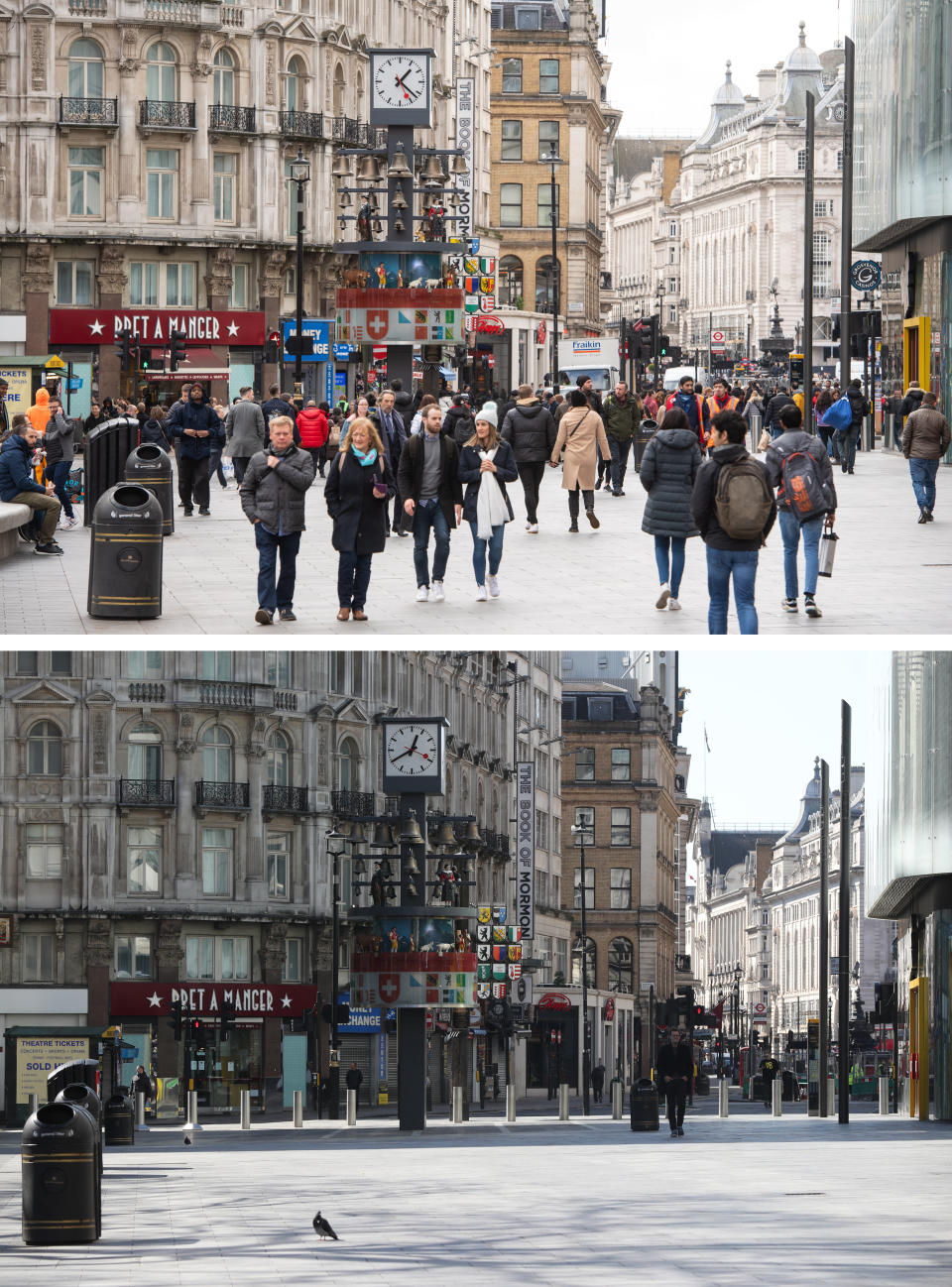 A composite image of visitors to Leicester Square, London, on 13/03/20 (top), and on Wednesday 25/03/20, (bottom), after Prime Minister Boris Johnson put the UK in lockdown to help curb the spread of the coronavirus.