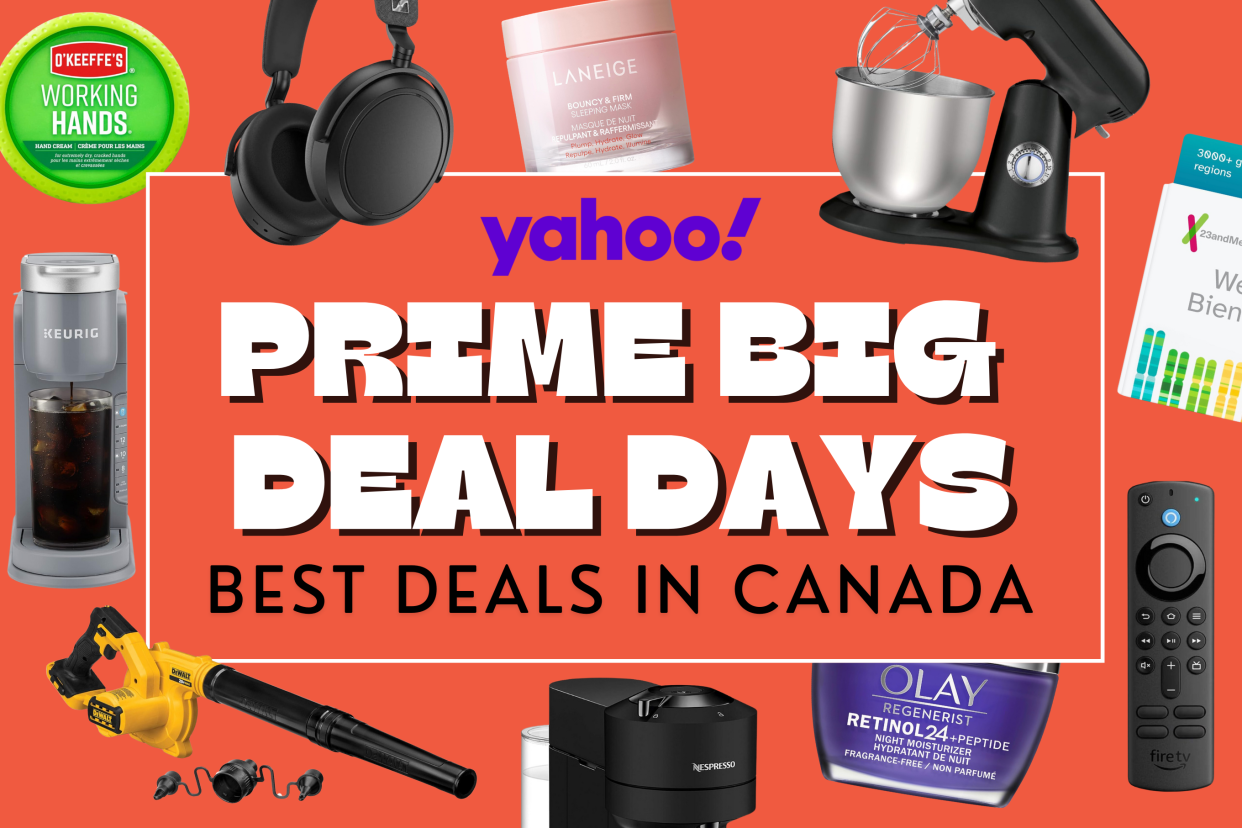 Prime Big Deal Days 2024 collage, cuisinart mixer, 23 and me, amazon fire tv stick, olay regenerist, nespresso coffee machine, dewalt leaf blower, keurig iced coffee, o'keefes working hands, headphones, laniege lip balm