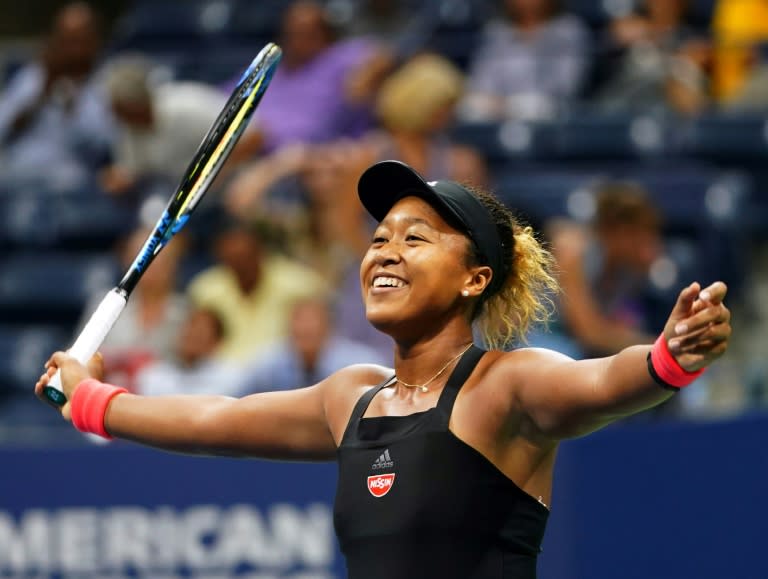 Breakthrough: Naomi Osaka celebrates her victory over Madison Keys in the US Open semi-finals