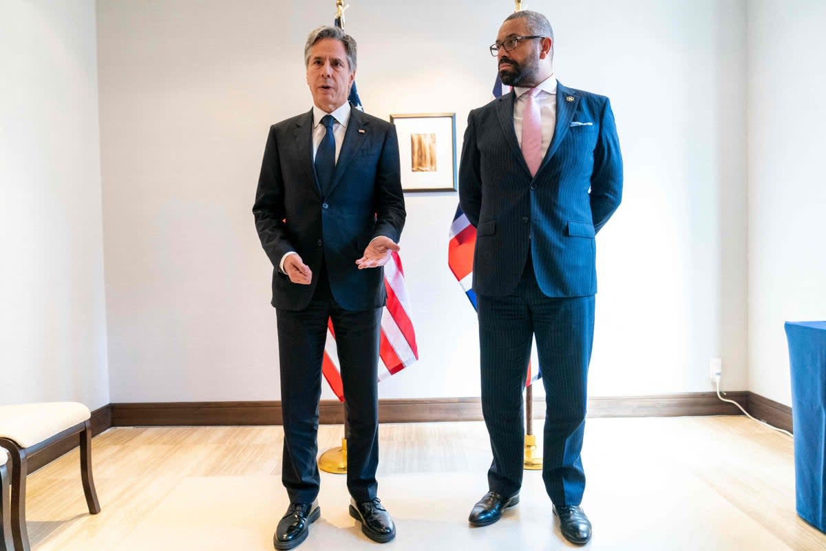 US secretary of state Antony Blinken and British foreign secretary James Cleverly give a joint statement on the situation in Sudan during a G7 Foreign Ministers’ Meeting at the Prince Karuizawa hotel in Karuizawa on 17 April 2023 (AFP via Getty Images)