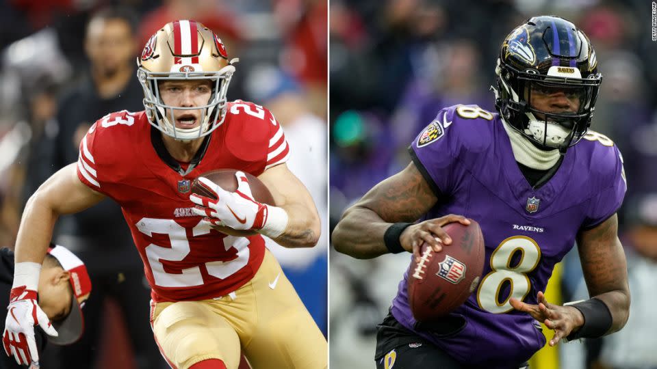 A split of San Francisco 49ers' Christian McCaffrey (left) and Baltimore Ravens' Lamar Jackson (right). - Getty Images/AP