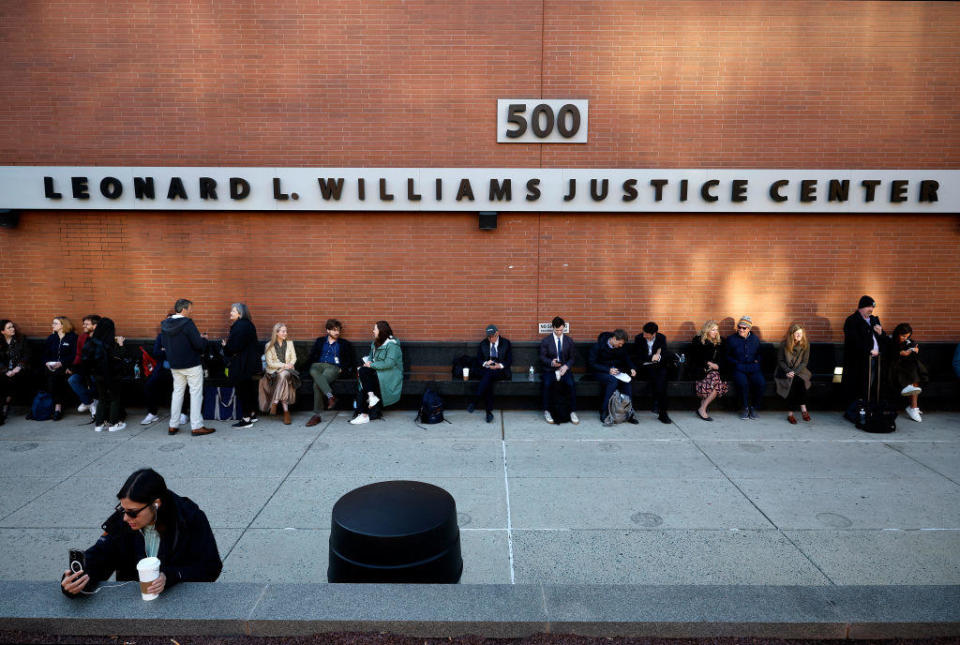 Reporters and members of the public line up early to enter the Leonard Williams Justice Center where Dominion Voting Systems is suing Fox News in Delaware Superior Court on April 18, 2023 in Wilmington. / Credit: Chip Somodevilla/Getty Images