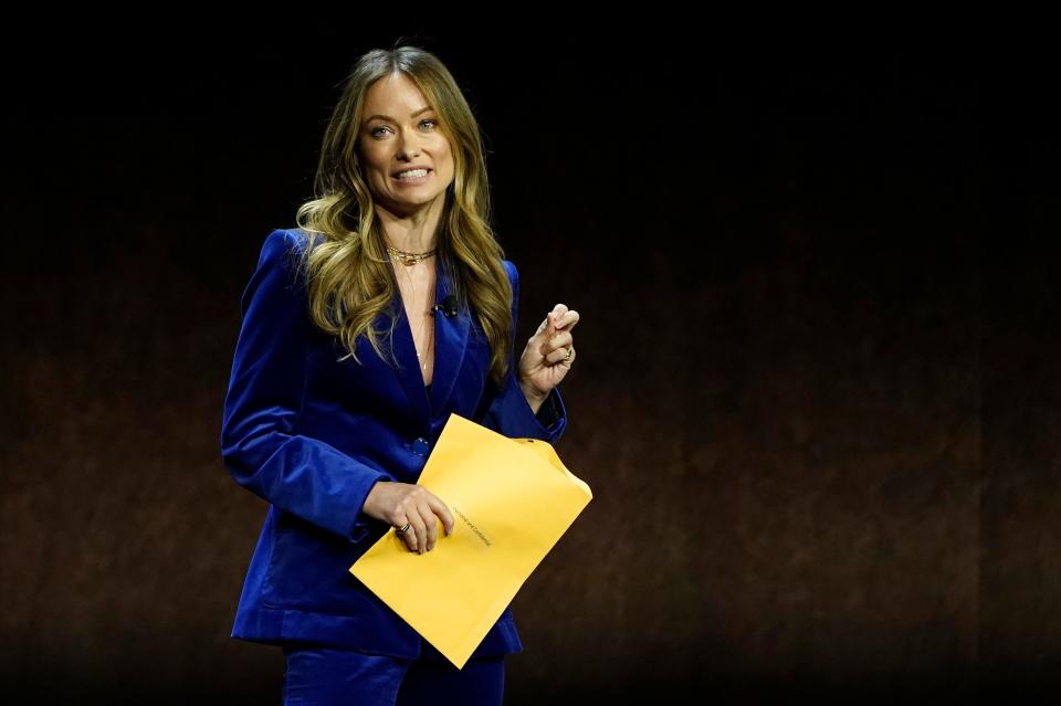 Olivia Wilde, director of the upcoming film "Don't Worry Darling," discusses the film during the Warner Bros. Pictures presentation at CinemaCon 2022 at Caesars Palace, Tuesday, April 26, 2022, in Las Vegas. (AP Photo/Chris Pizzello) ORG XMIT: CACP103