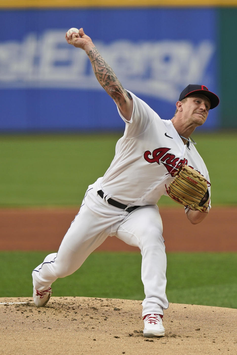 Cleveland Indians starting pitcher Zach Plesac delivers during the first inning of the team's baseball game against the Detroit Tigers, Friday, April 9, 2021, in Cleveland. (AP Photo/Tony Dejak)