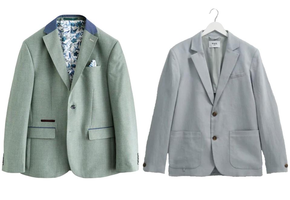 Green regular fit suit jacket, £74, Next;  Fintry blazer, £195, Wax London