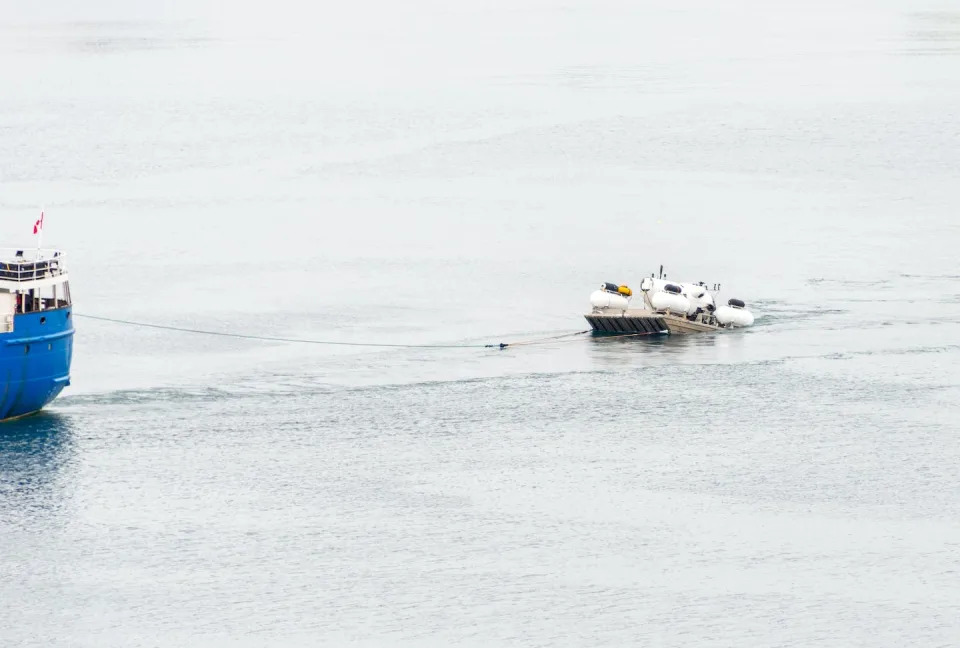 The vessel Polar Prince towing OceanGate Expeditions submersible vessels from St. John's, N.L., as it leaves to tour the Titanic wreck site on May 29, 2023. (Shutterstock)