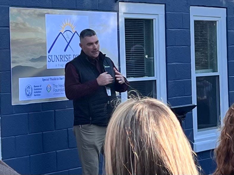 Shawn Hayden, vice president of Gardner Athol Area Mental Health Association, speaks at the grand opening of Sunset Ridge, a 32-bed residential facility in Athol that will treat women diagnosed with co-occurring substance use and mental health disorders.
