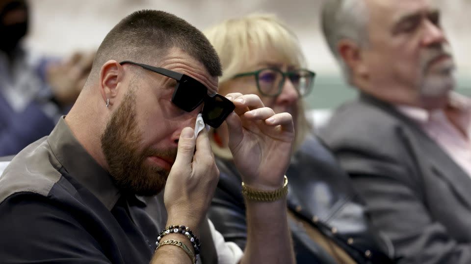 Travis Kelce reacts during his brother Jason's retirement announcement. - Tim Nwachukwu/Getty Images