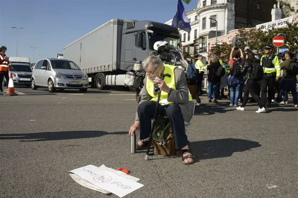 John Lynes, 91, at the protest. Ten arrests were made during the Extinction Rebellion climate emergency protest at Dover Docks on Saturday. (SWNS)