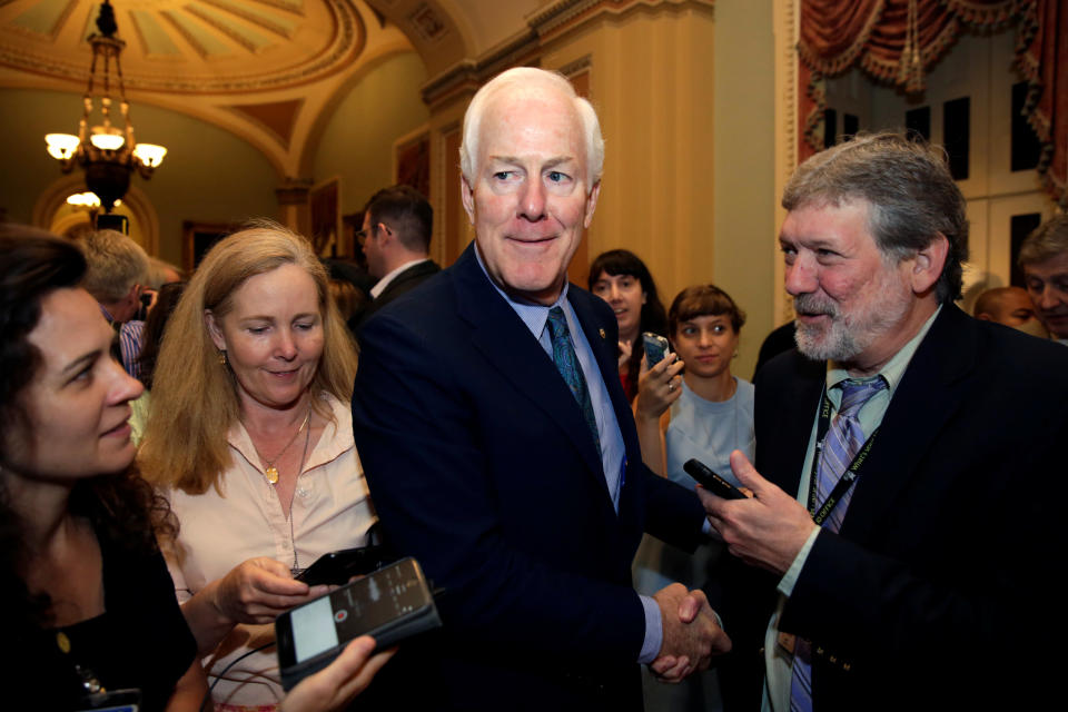 Reporters surround Sen. John Cornyn (R-Texas) ahead of a vote to repeal Obamacare.&nbsp;He&rsquo;s probably telling them things are looking great. (Photo: Yuri Gripas/Reuters)