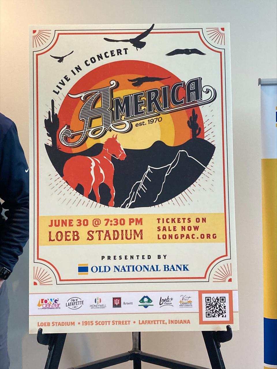 A poster which showcases when the Grammy award-winning band, America, is set to play at Loeb Stadium, April 6, 2022, in Lafayette.