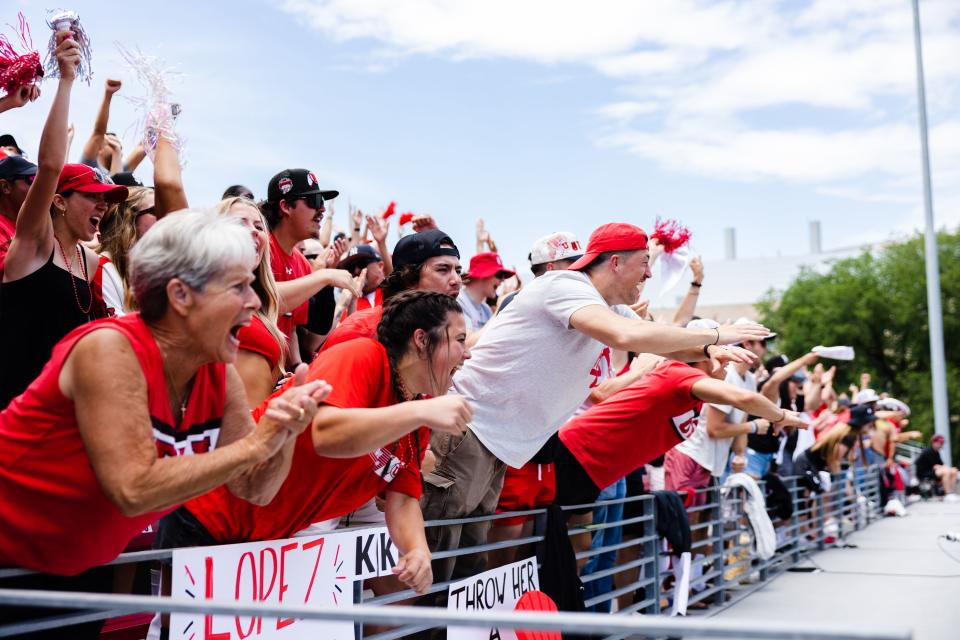 Fans celebrate during the third game of the NCAA softball Super Regional between Utah and San Diego State at Dumke Family Softball Stadium in Salt Lake City on Sunday, May 28, 2023. | Ryan Sun, Deseret News