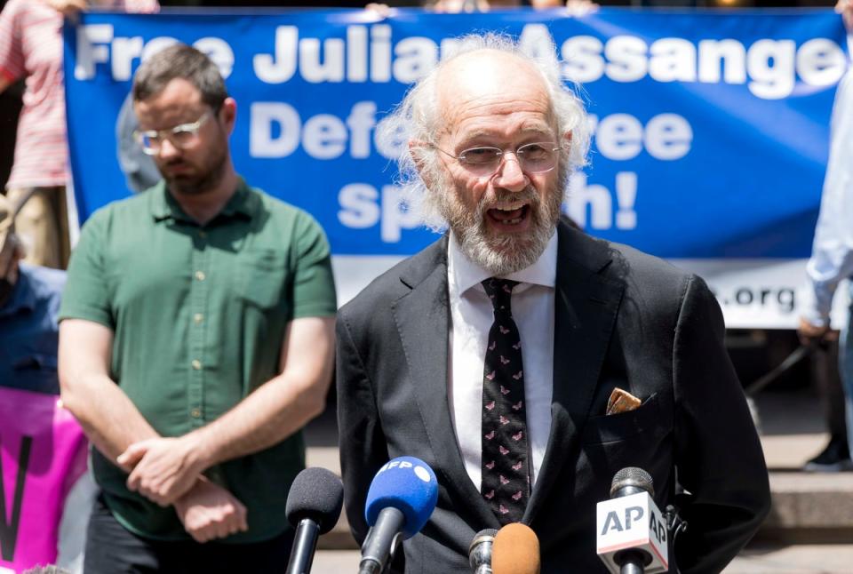 John Shipton (right), Julian Assange’s father, and Gabriel Shipton, Assange’s brother, outside the British Consulate in New York on Friday (EPA)