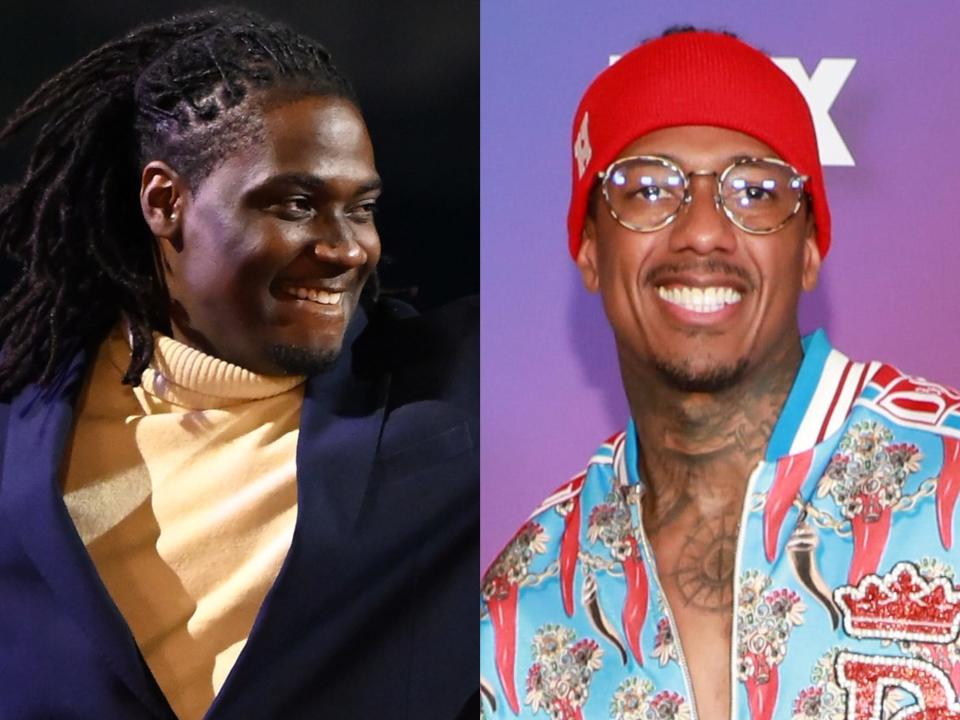 left: gabriel cannon in a yellow turtleneck and navy blazer, smiling widely; right: his brother nick cannon, in a blue jacket, glasses, and a red headband, smiling