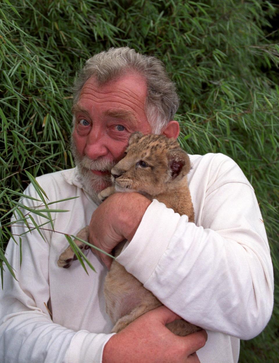 David Bellamy with his namesake 'Bellamy' the 6 week old Asiatic lion cub at London Zoo in 1993 (PA)