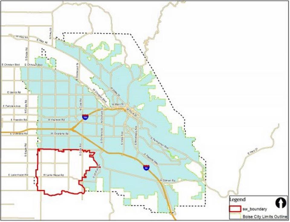 A map shows the city borders in blue and the unincorporated Southwest area of impact being considered for annexation in red.