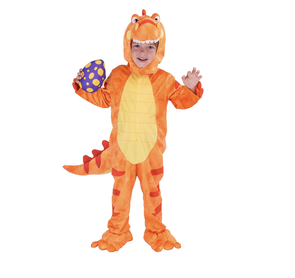 Kid in a dinosaur costume