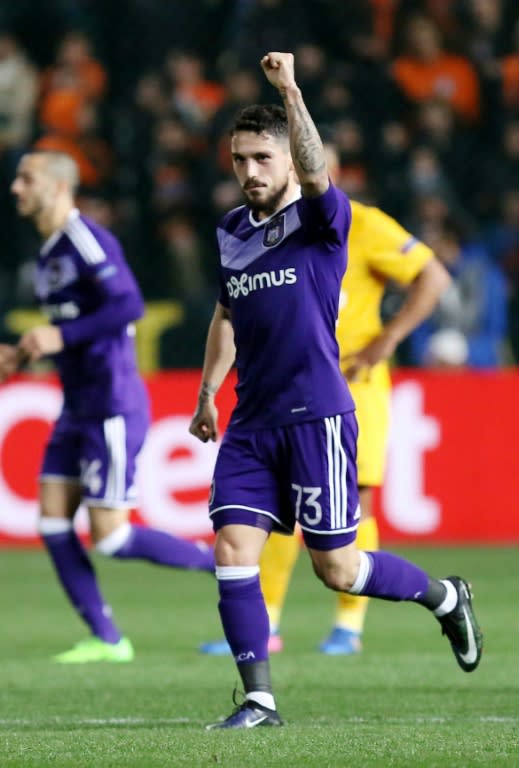 Anderlecht's midfielder Nicolae Stanciu celebrates scoring during the Europa League on March 9, 2017